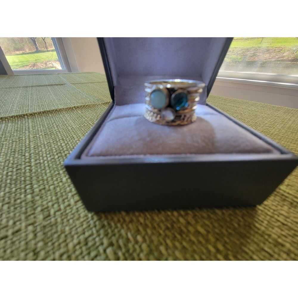 Boho Eclectic Dreamy Fairy Silver Cigar Band Ring Multicolored Blue Stones S 8.5